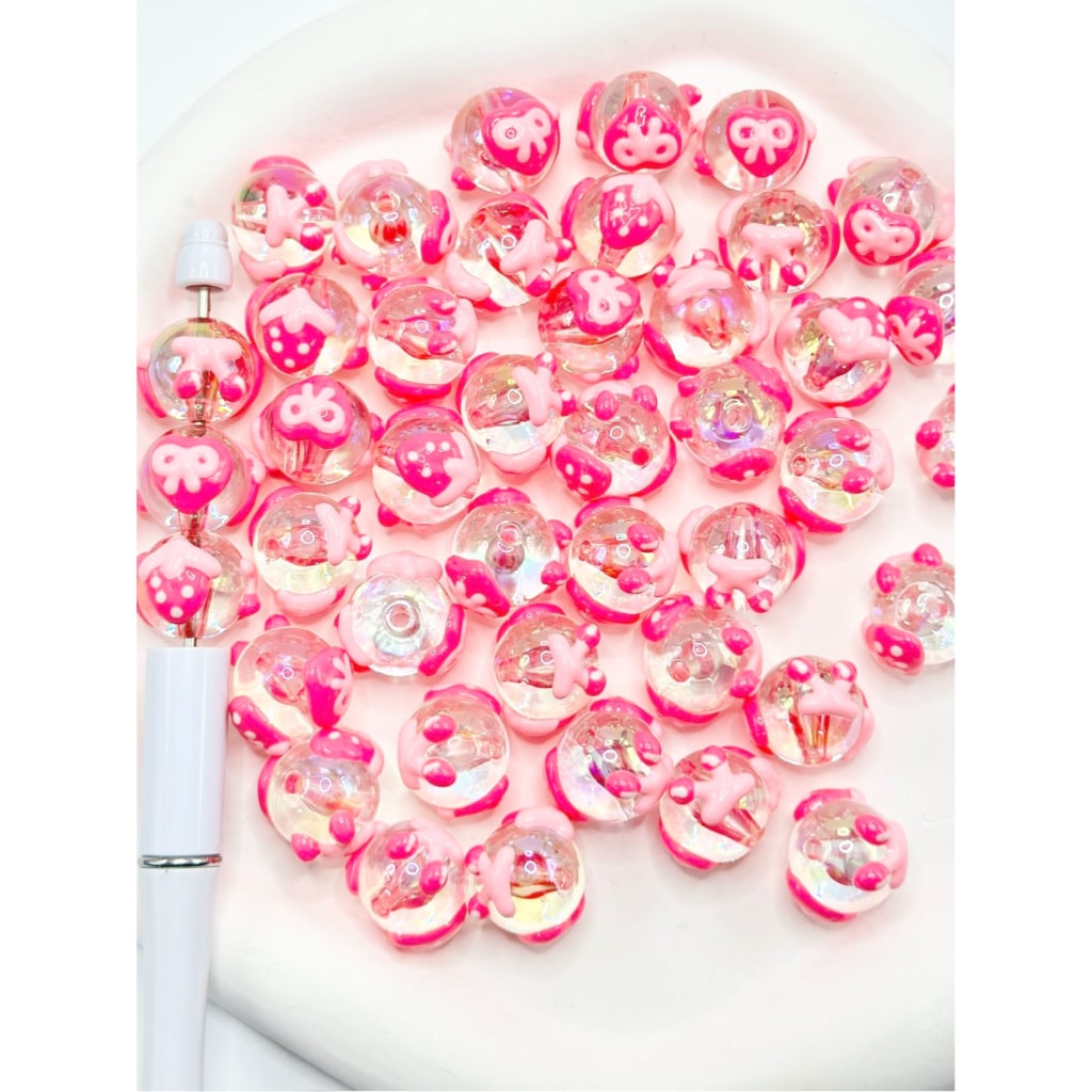 Pink Strawberry Hard Print Round Clear Acrylic Beads, 16MM