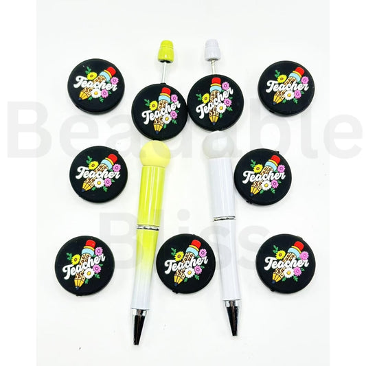 Cute Pencils Teacher Flowers School Round Silicone Focal Beads