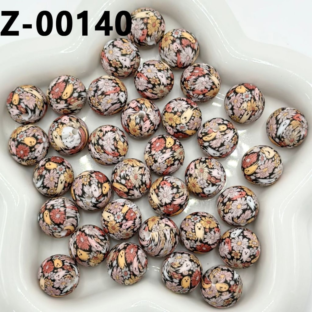 Colorful Flowers Little Cute Ghost Black Round Printed Silicone Beads 15mm, Number Z-00140