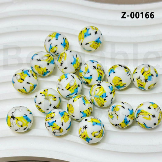 Little Cute Minio White Round Printed Silicone Beads 15mm, Number Z-00166