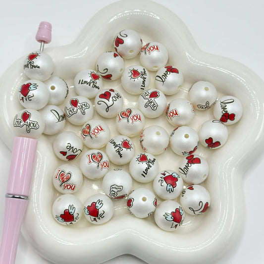 Love Heart Valentine's Day White Frosted Matte Round Acrylic Beads, Random Mix, 16MM