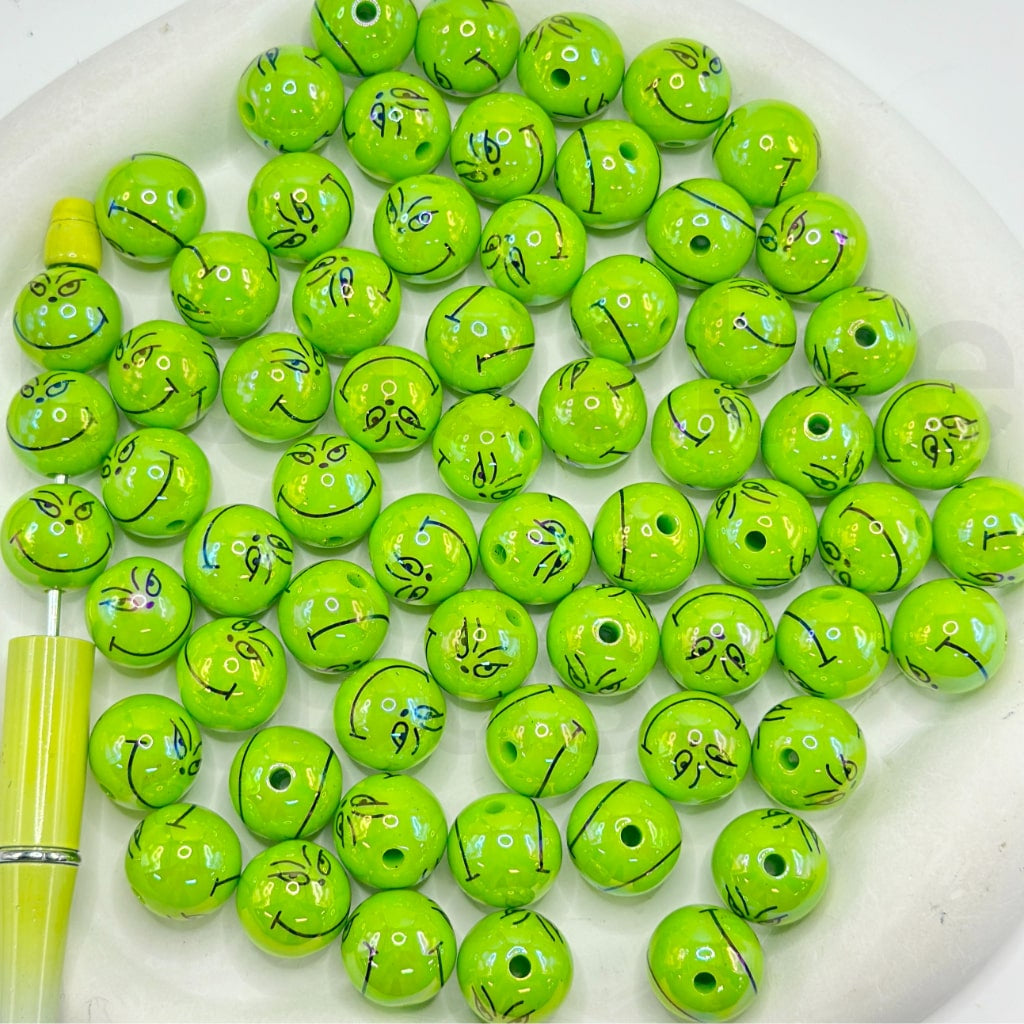 Shiny Green Monster Grinc Round Acrylic Beads, 16MM