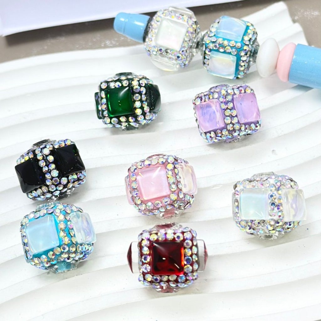 Fancy Bling Bling Colorful Square Cube Clay Beads with Large Square Clear Rhinestones Mini AB Rhinestones, Around 20*20MM, Please Read the Description