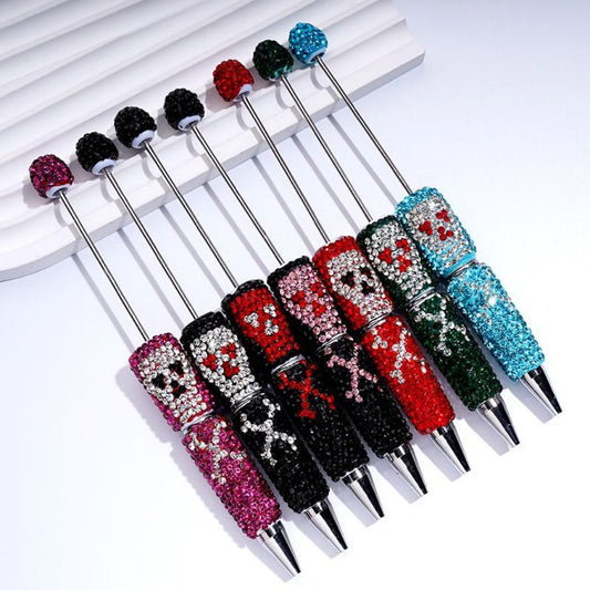 Horror Skeleton Skull Head Design Beadable Clay Pens with Colorful Rhinestones Covered the Entire Pen