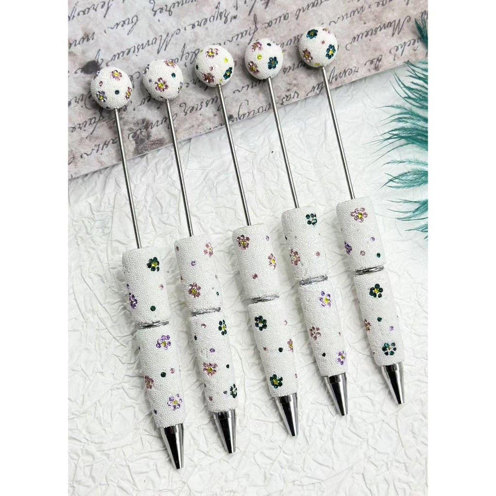 Beadable Clay Pens with Mini White & Colorful Flower Rhinestones with Round Ball Pen Topper Head