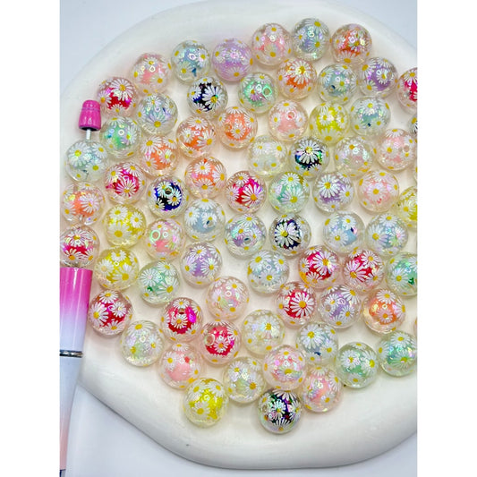 Fancy Small Daisy Print Clear Round Acrylic Beads Small Bead Inside, 16MM