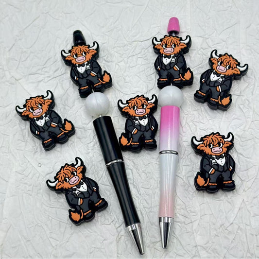 Handsome Cute Cow in Black Suit Tuxedo Silicone Focal Beads