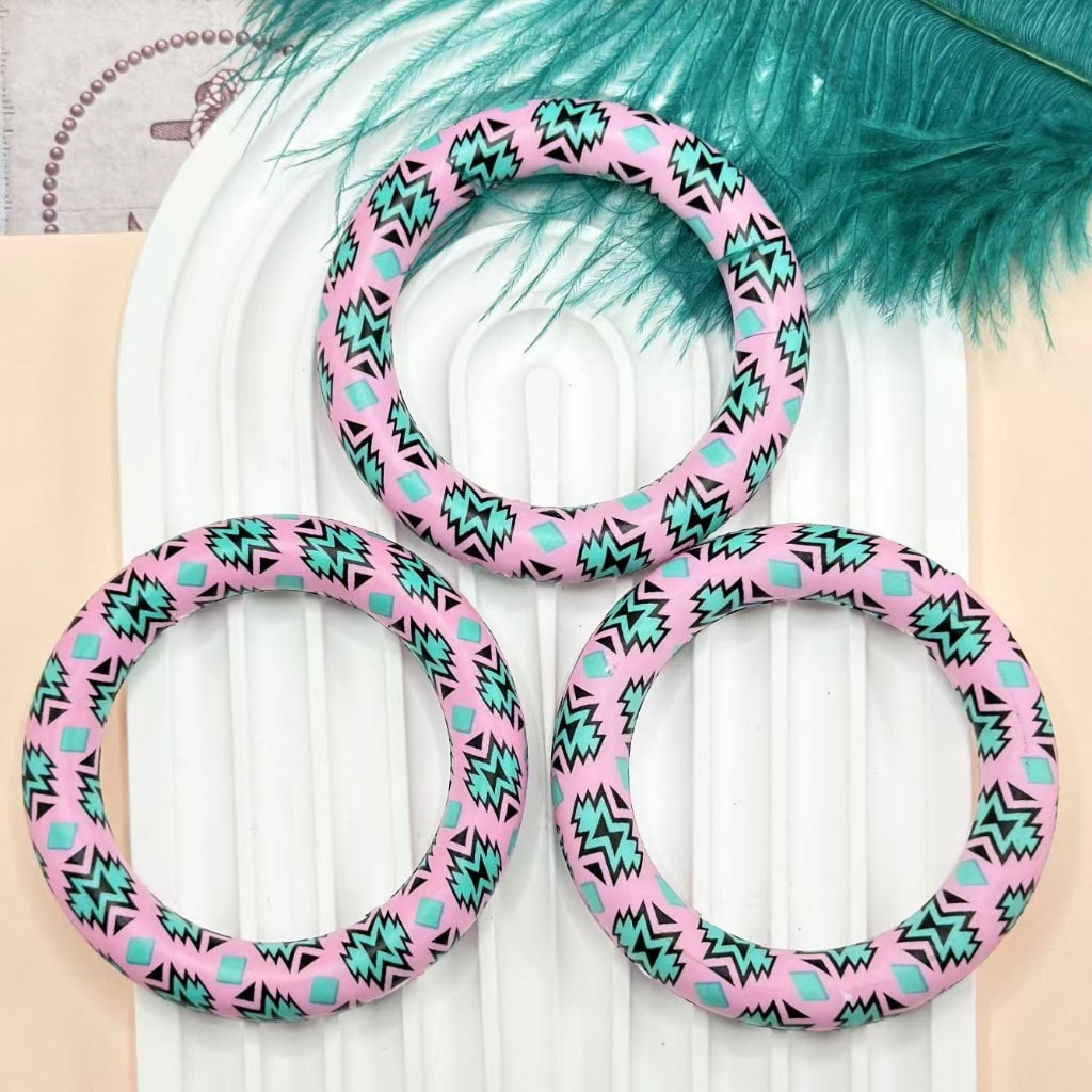 Teal Aztecs Designs Pink Silicone Ring Frame Bead Circle Round Soft Car Hanger Charm Loop 65mm