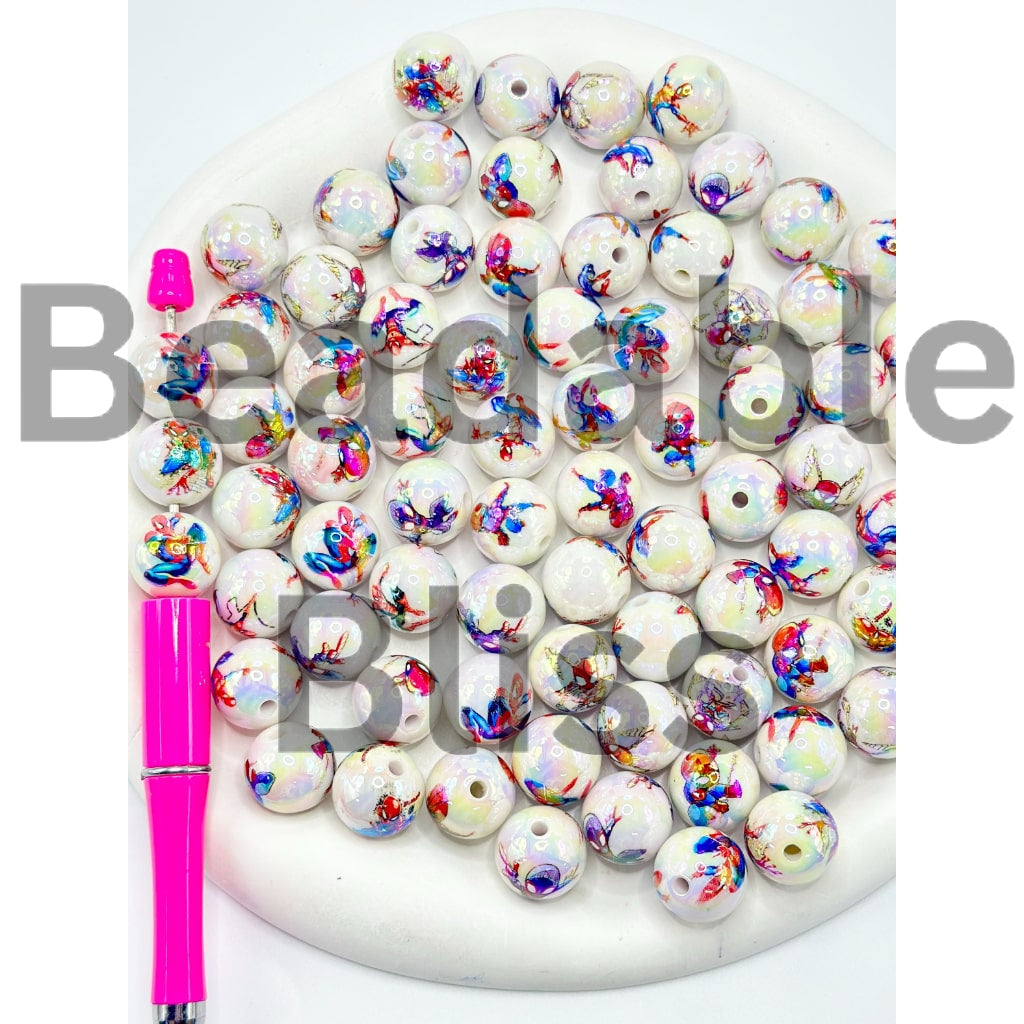 White Beads with Spider-Man Print Round Acrylic Beads 16mm