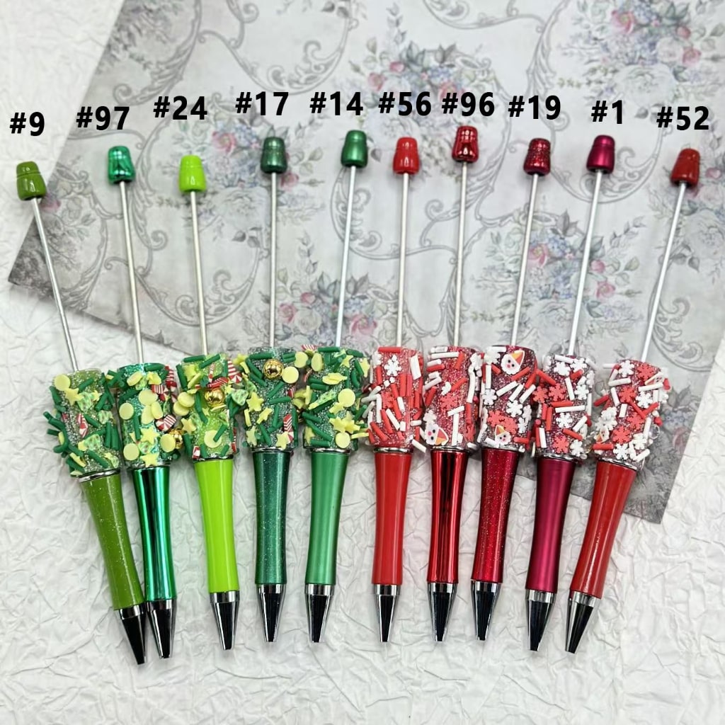 Christmas Red Green Color Beadable Pen with Ornaments Snow Flakes Bells Candy Christmas Trees Snowman