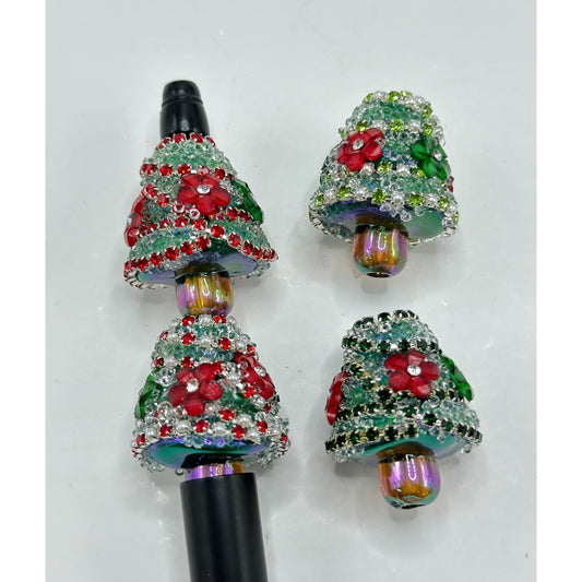 Bling Bling Vivid Red Green Rhinestone White Pearl Small Flower Christmas Tree Sugar Acrylic Beads, Around 30*24MM