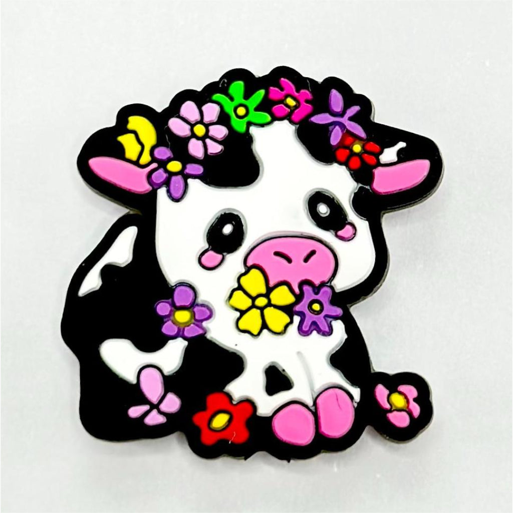 Dairy Cattle Cow Calf with Various Colors Small Flowers Silicone Focal Beads