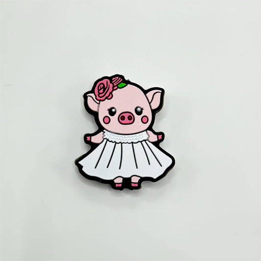 Little Cute Piggie in Pink Flowers and White Dress Silicone Focal Beads