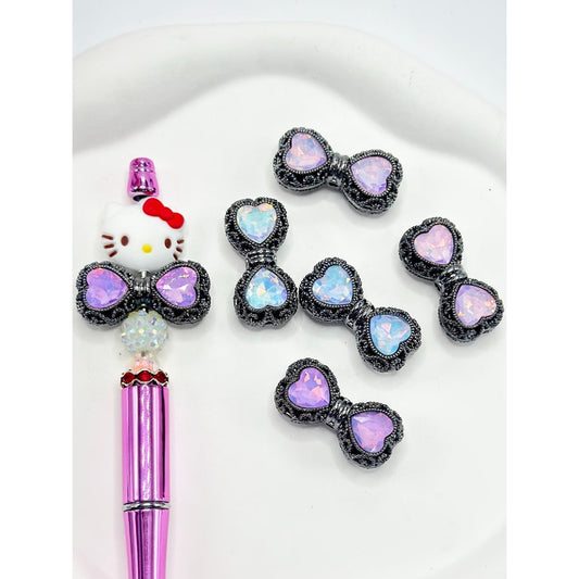 Gun Black Bowknot Shape Hollow Alloy Acrylic Beads with Heart Rhinestones, 34MM by 17MM