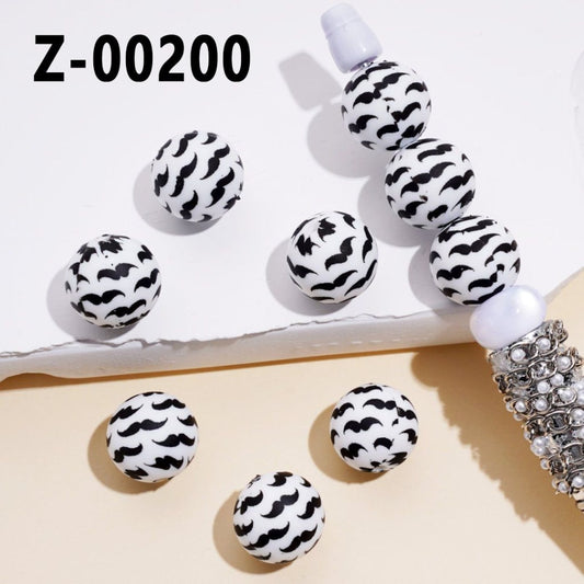 Black Moustache Beard Dad Father White Printed Silicone Beads 15MM, Number Z-00200