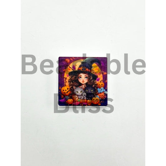 Little Girl with Black Magic Hat and Cats Pumpkin Silicone Focal Beads