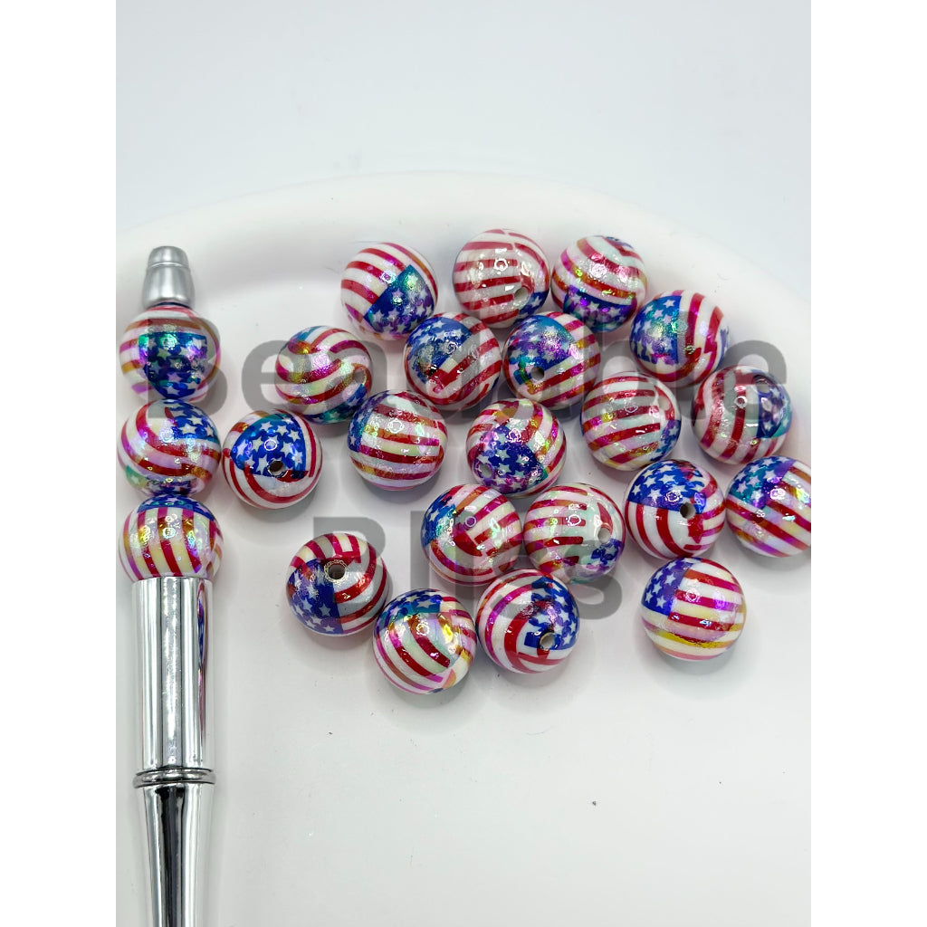 UV Coated Acrylic Beads with American USA National Flag, 16MM