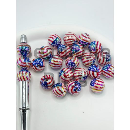 UV Coated Acrylic Beads with American USA National Flag, 16MM