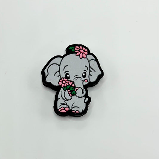 Little Cute Elephant with Pink Flowers Silicone Focal Beads