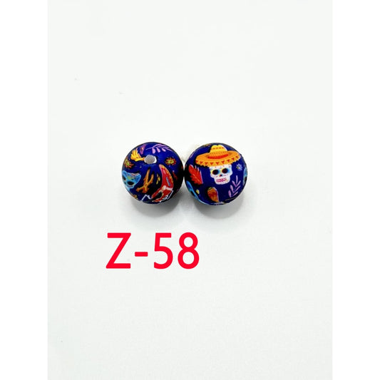 Skeleton Skull Head Pattern Blue Round Printed Silicone Beads 15mm, Number Z-58