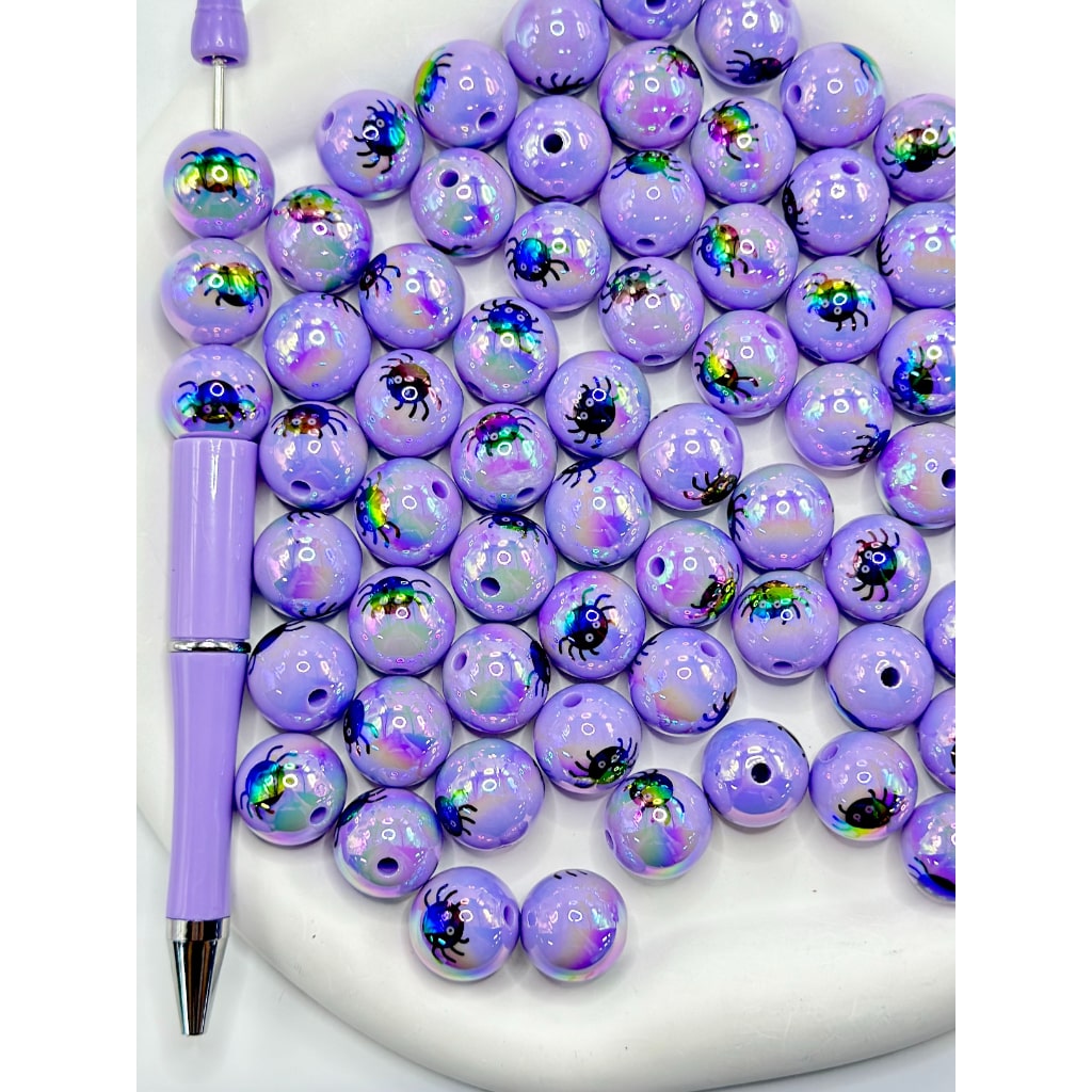 Purple UV Coating Little Black Spider Print Acrylic Beads, 16MM