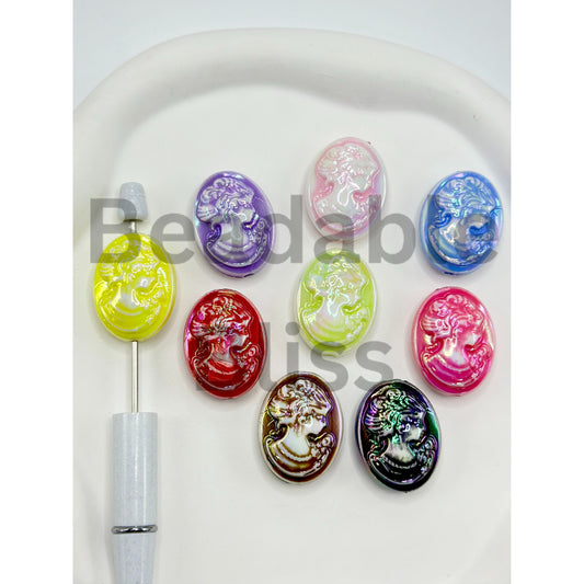 UV Coating Oval Shape Acrylic Beads with Portrait Carving, Random Mix, 29MM by 23MM