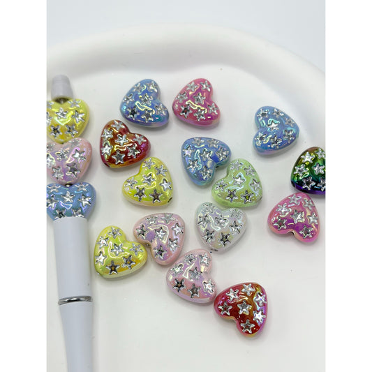 Heart Acrylic Beads with Small Silver Carved Stars, Random Mix, 20MM by 18MM