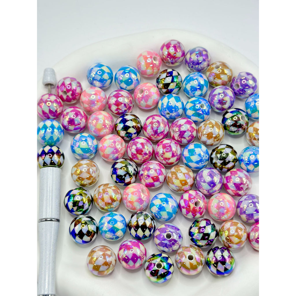 UV Coating Acrylic Beads with Solid Color Checked Prints, Random Mix, 16MM