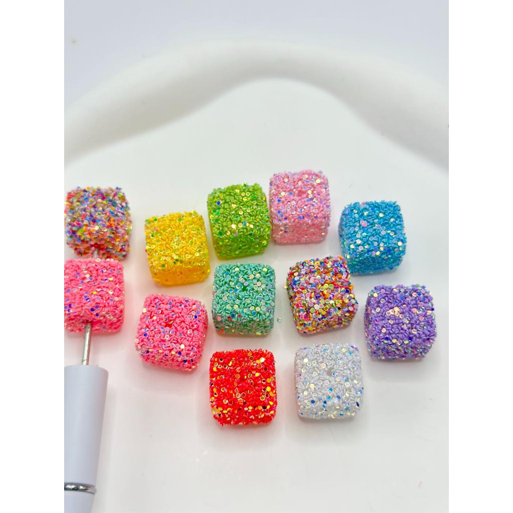 Acrylic Sugar Beads Cube Shape in Sparkling Solid Color Flakes, 16MM, Random Mix