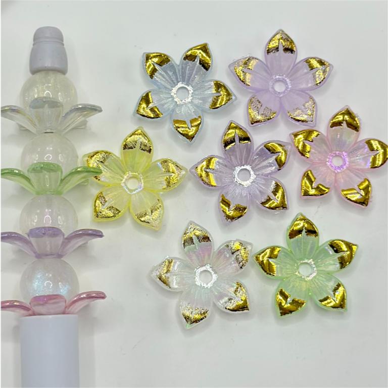 Translucent Various Colors Flowers with Five Petals and Gold Color Paint Acrylic Beads, Random Mix Color, 22MM, Please Read Description