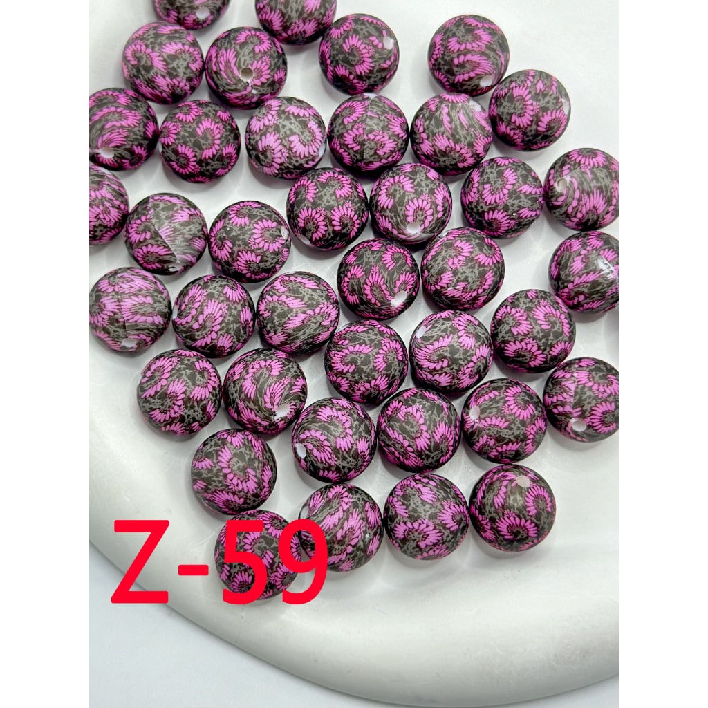 Pink Flower Round Printed Silicone Beads 15mm, Number Z-59