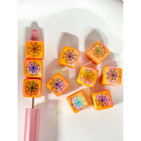 Orange UV Coating Square Cube Acrylic Beads with Spider Net Print, 15MM