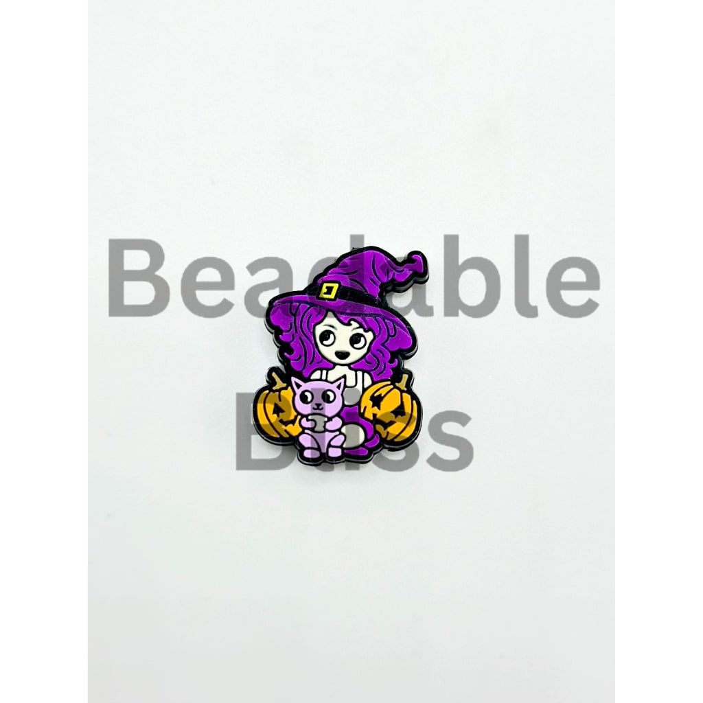 A Purple Hair Girl with Magic Hat Holds Pumpkins Silicone Focal Beads