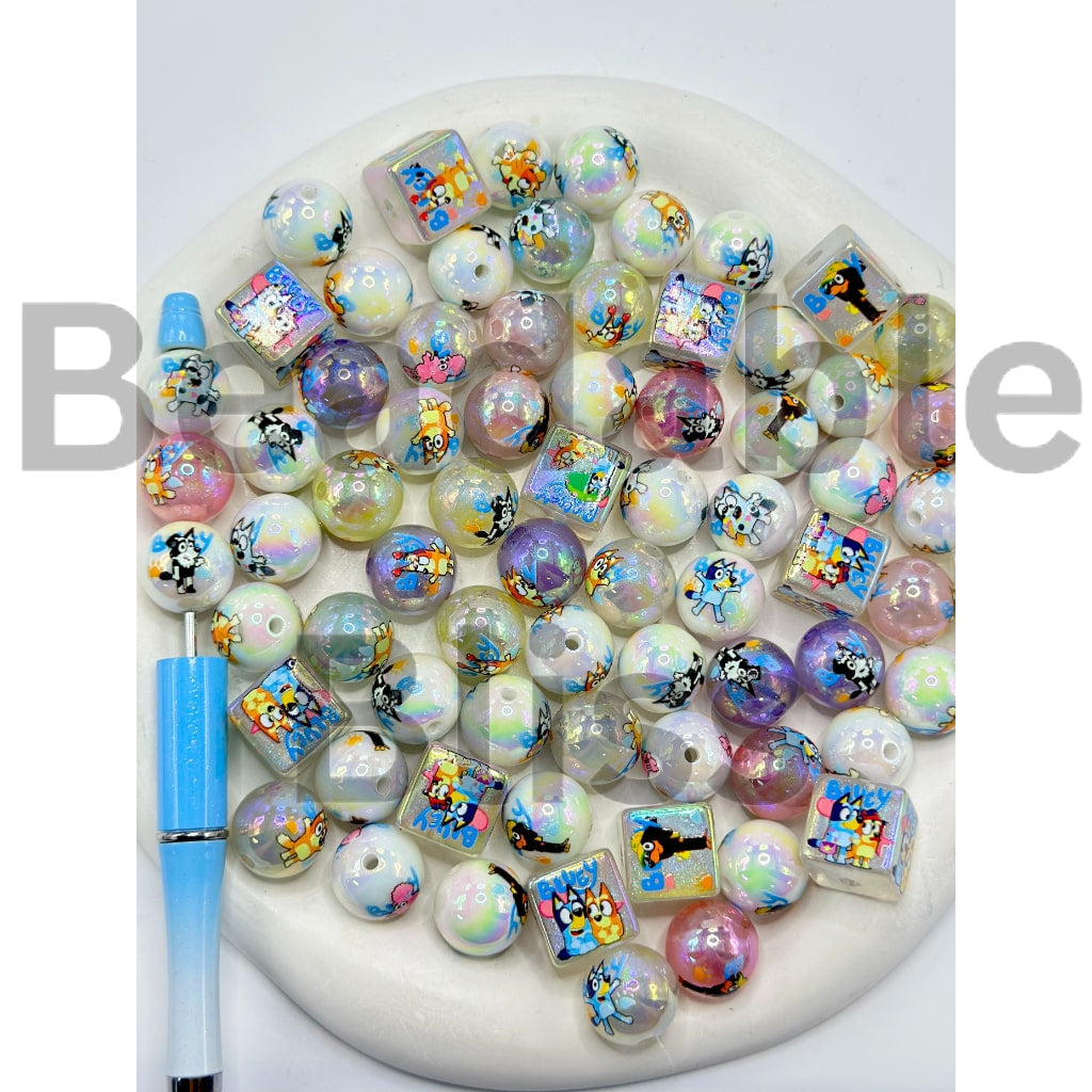 Cute Blue Puppy Dog Carton Round Square Acrylic Beads, 16MM