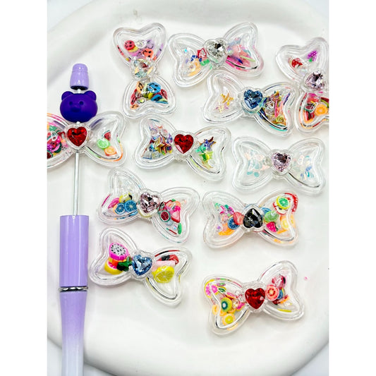 Bowknot Hollow Clear Shake Acrylic Beads Heart Rhinestone Fruit Slice Inside, Random Mix, 40*24MM