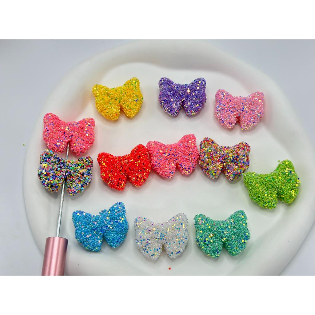 Acrylic Sugar Beads Bowknot Ribbon Shape in Sparkling Solid Color Flakes, 23MM by 30MM, Random Mix