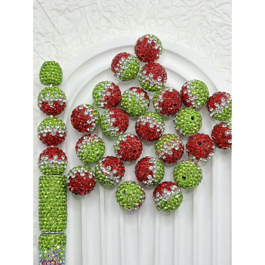 Bling Bling Christmas Green Red White Rhinestones Clay Beads, 16MM