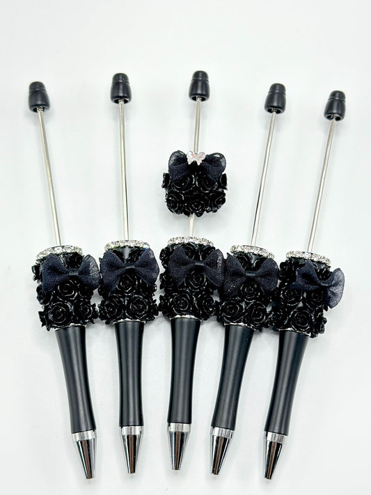 New Style Black Plastic Beadable Pen with Black Flower Rhinestone Chain Bowknot