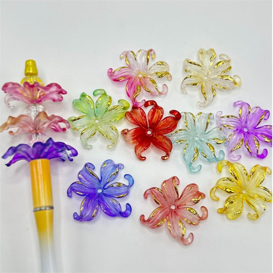 Large Translucent Various Colors Flowers with Six Petals and Gold Color Stripe Paint Acrylic Beads, Random Mix Color, 40MM, Please Read Description