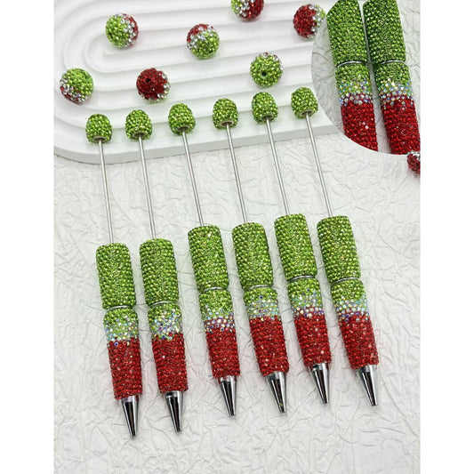 Beadable Pens with Christmas Red Green AB Color Clay Rhinestones Covered the Entire Pen