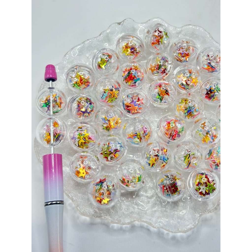 Clear Hollow Globe Ball Shake Acrylic Beads Colorful Confetti Flake Star Inside, Random Mix, 20MM