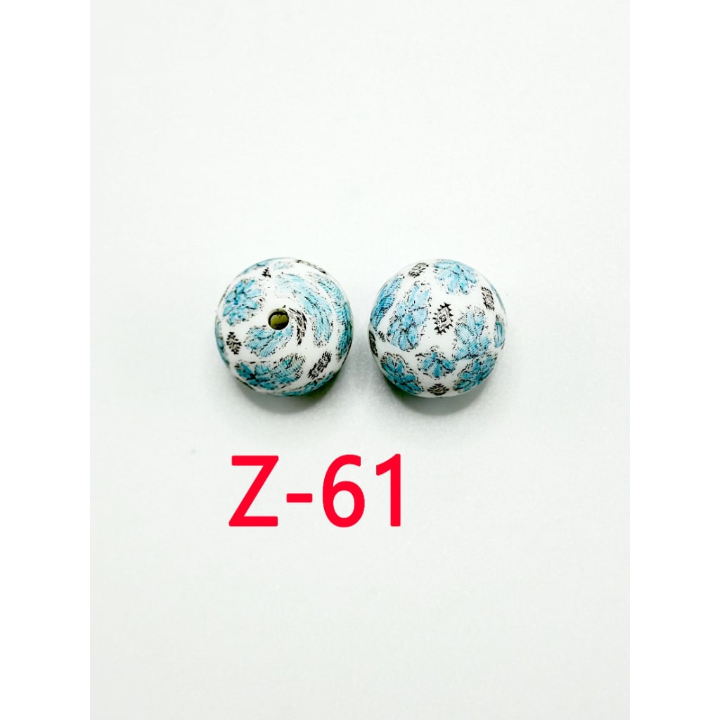 Light Blue Flower Pattern White Round Silicone Beads 15mm, Number Z-61