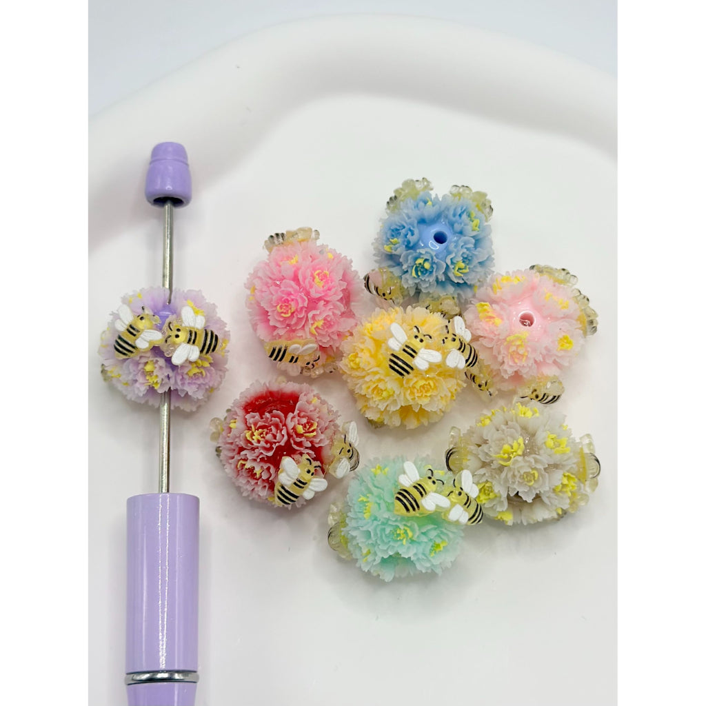 Solid Color Acrylic Beads with Small Colorful Flowers and Little Cute Bees, Random Mix, 22MM