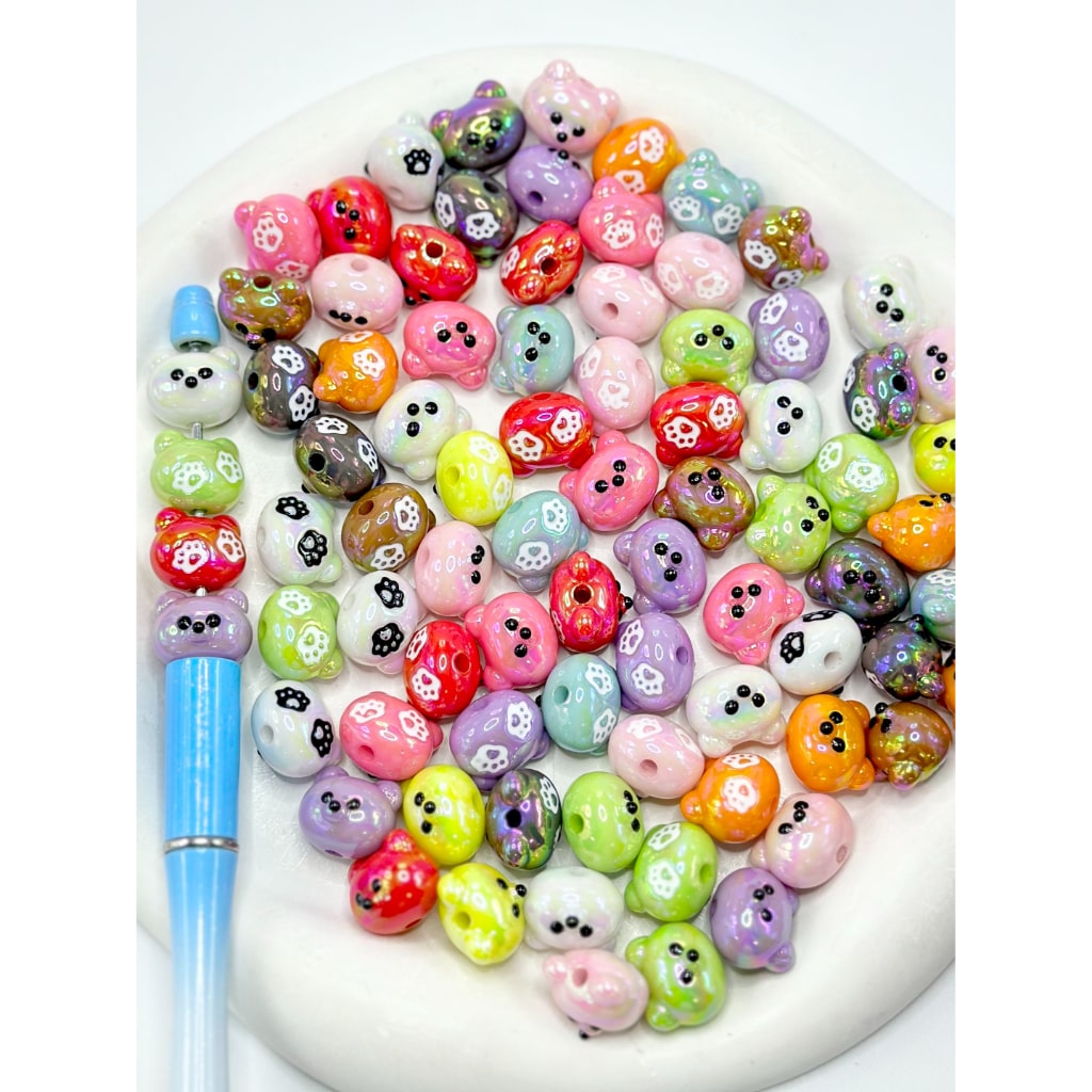 UV Coating Little Cute Bear Head with Paw Prints Acrylic Beads, Random Mix, 7*8MM