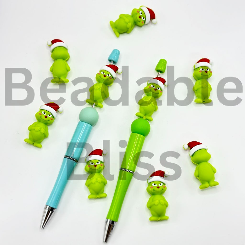 3D Green Monster Grinc with Christmas Hat Silicone Focal Beads