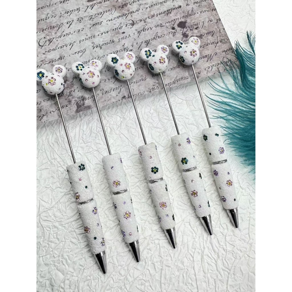 Beadable Clay Pens with Mini White & Colorful Flower Rhinestones with Mouse Head Pen Topper Head