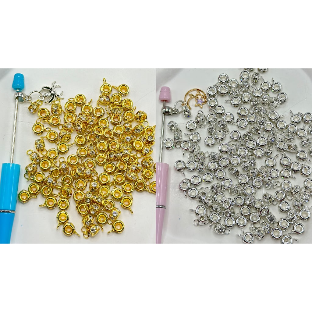 Alloy Bail Beads in Silver and Golden Color with Clear Rhinestone, 8mm Wide