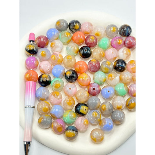 Glittery Abstract Design Round Acrylic Beads, Random Mix, 16MM