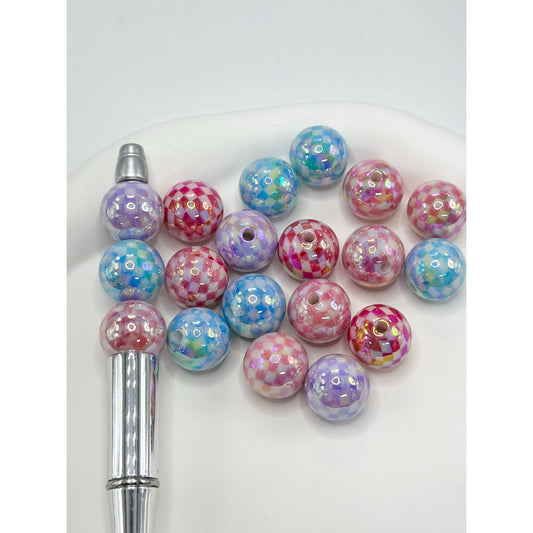 Solid Color UV Coating Acrylic Beads with Damier Checkered Plaid Patterns, Random Mix, 16MM