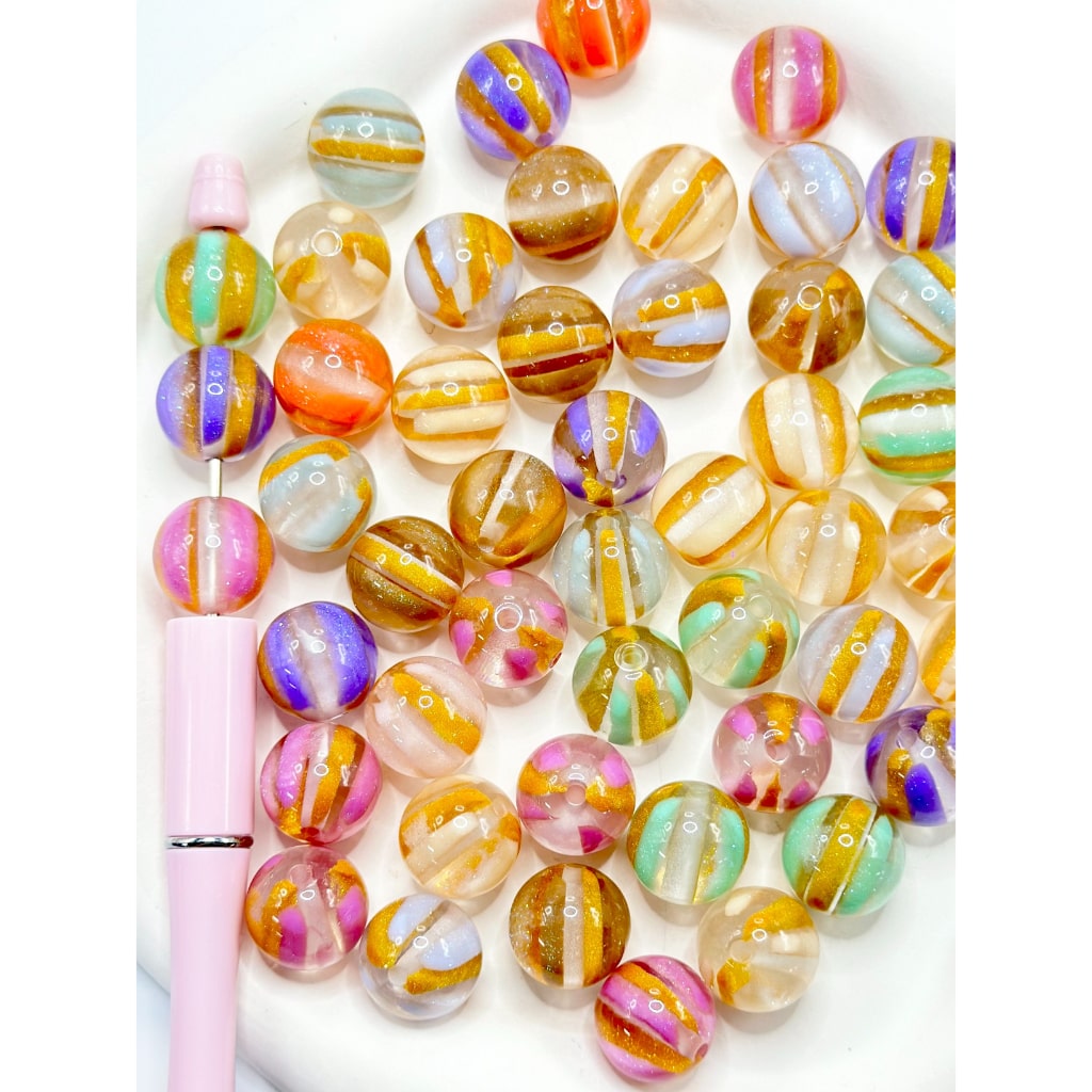 Glittery Vertical Stripes Round Acrylic Beads, Random Mix, 16MM